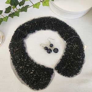 Black Beaded Collar Necklace with Black Glass Bead Earrings